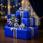 Elegant blue wrapping paper stack with silver ribbon bows, ideal for birthday, Christmas, or holiday gifts.