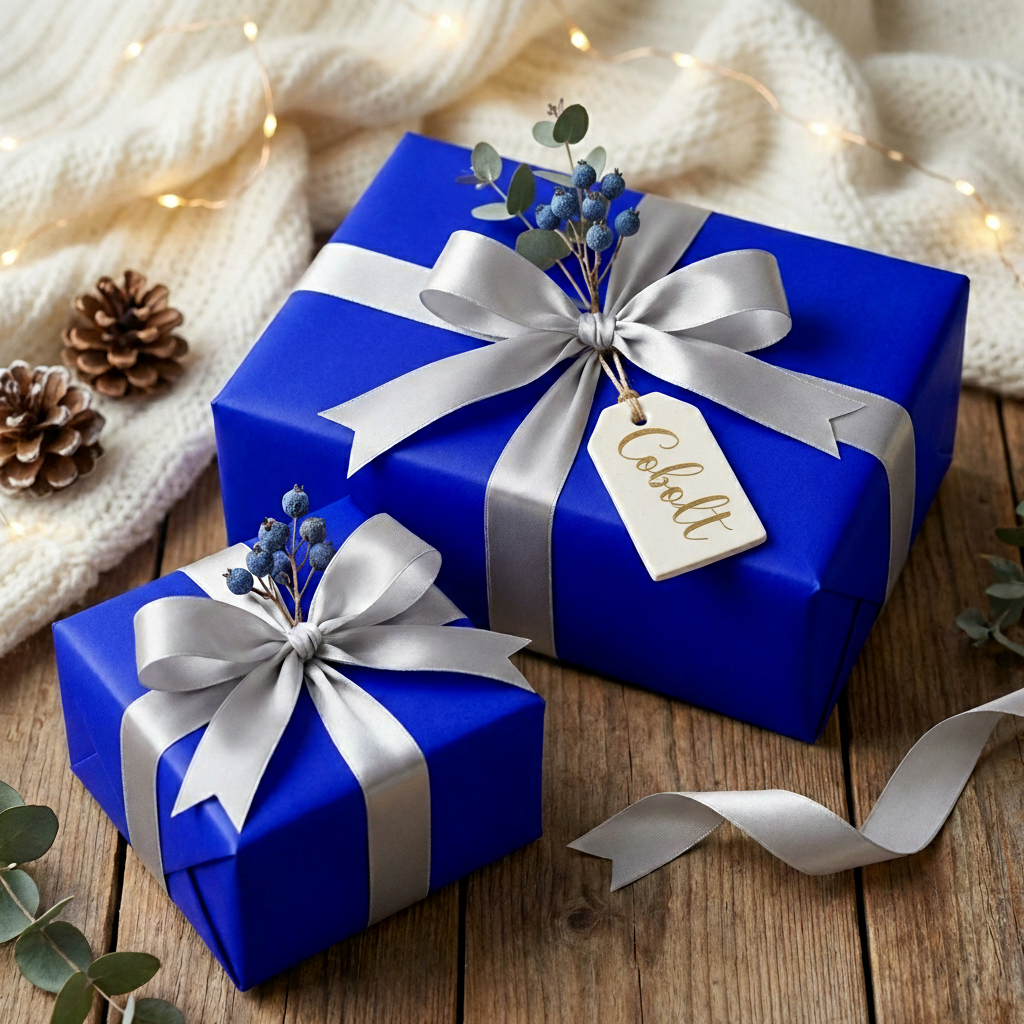Wrapped gifts: cobalt blue wrapping paper with silver ribbon, elegant holiday gifts for Christmas or birthdays.