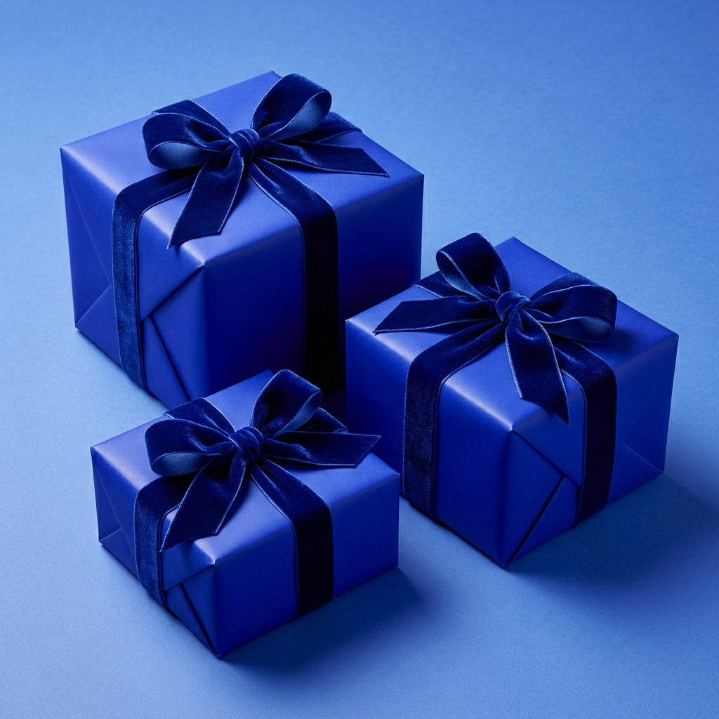 Elegant navy blue gift boxes wrapped in solid color paper with velvet ribbon for birthdays or special occasions.