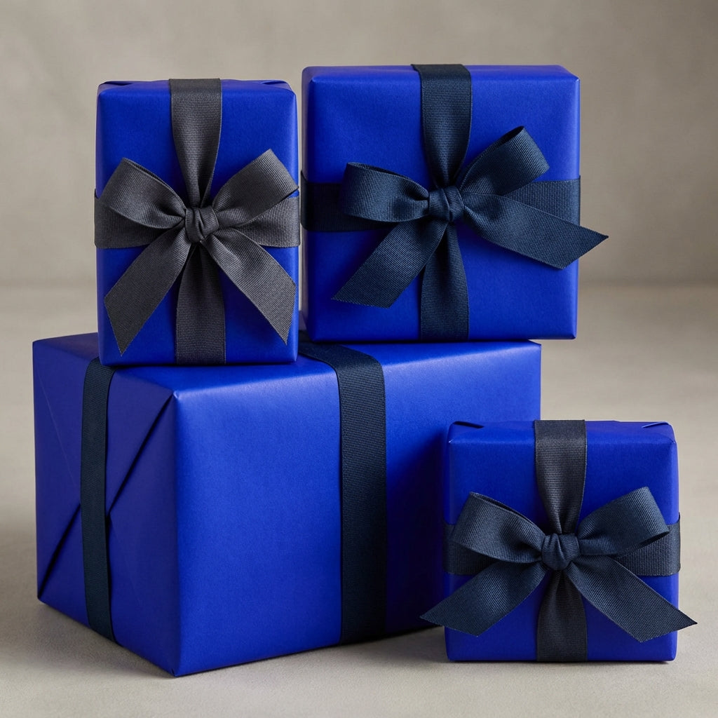 Stack of elegant blue gift boxes wrapped in solid color paper with dark ribbon bows.