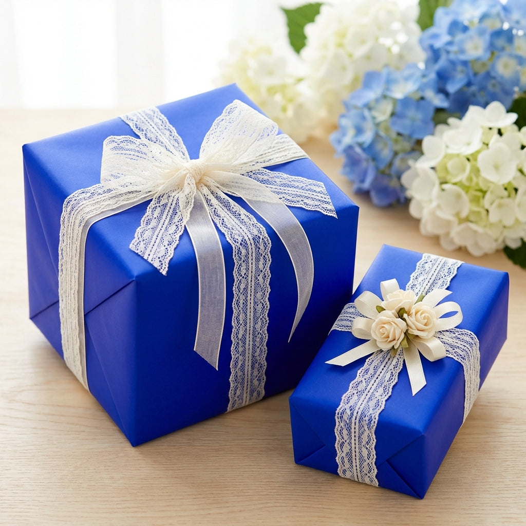Elegant royal blue gift boxes wrapped with lace ribbon for birthdays or special occasions.