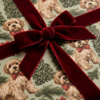 Goldendoodle holiday gift wrap with red velvet bow. Christmas wrapping paper by Wrapped Studios.