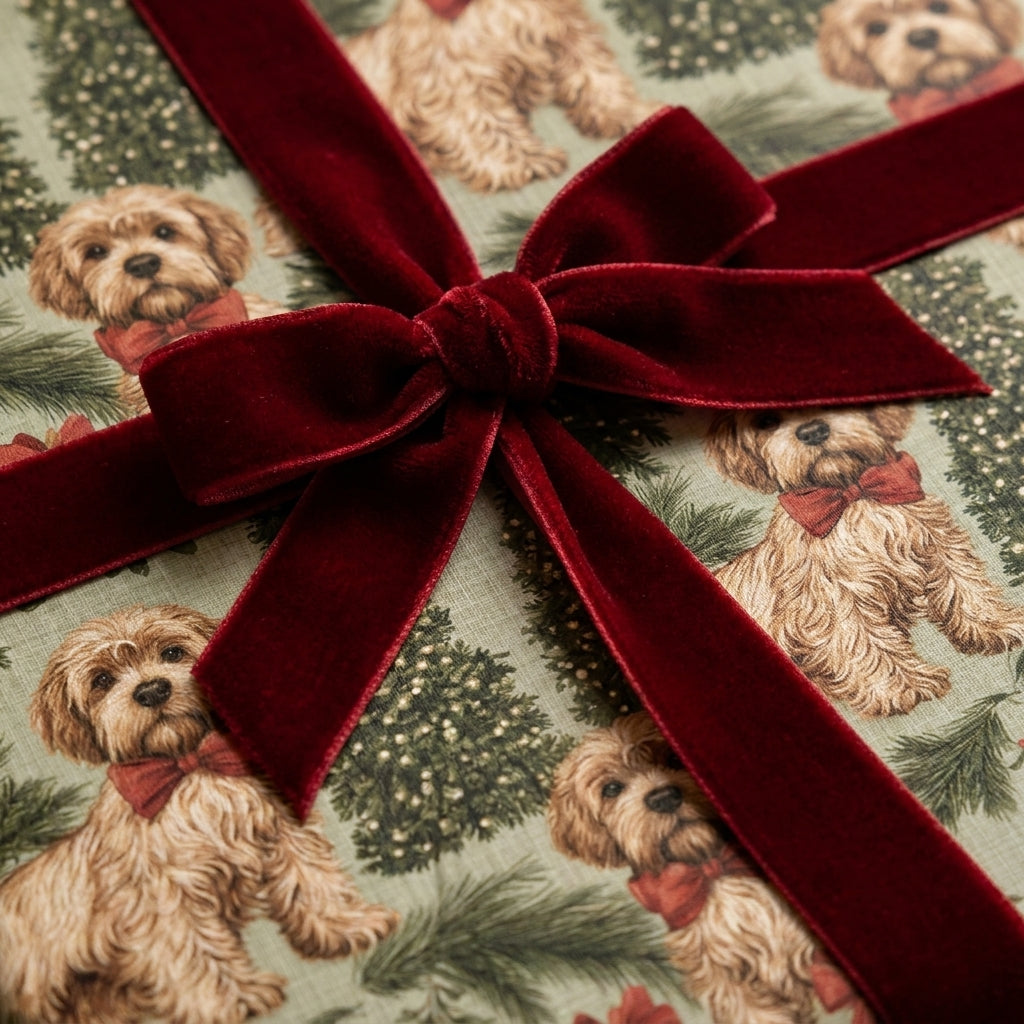 Goldendoodle holiday gift wrap with red velvet bow. Christmas wrapping paper by Wrapped Studios.
