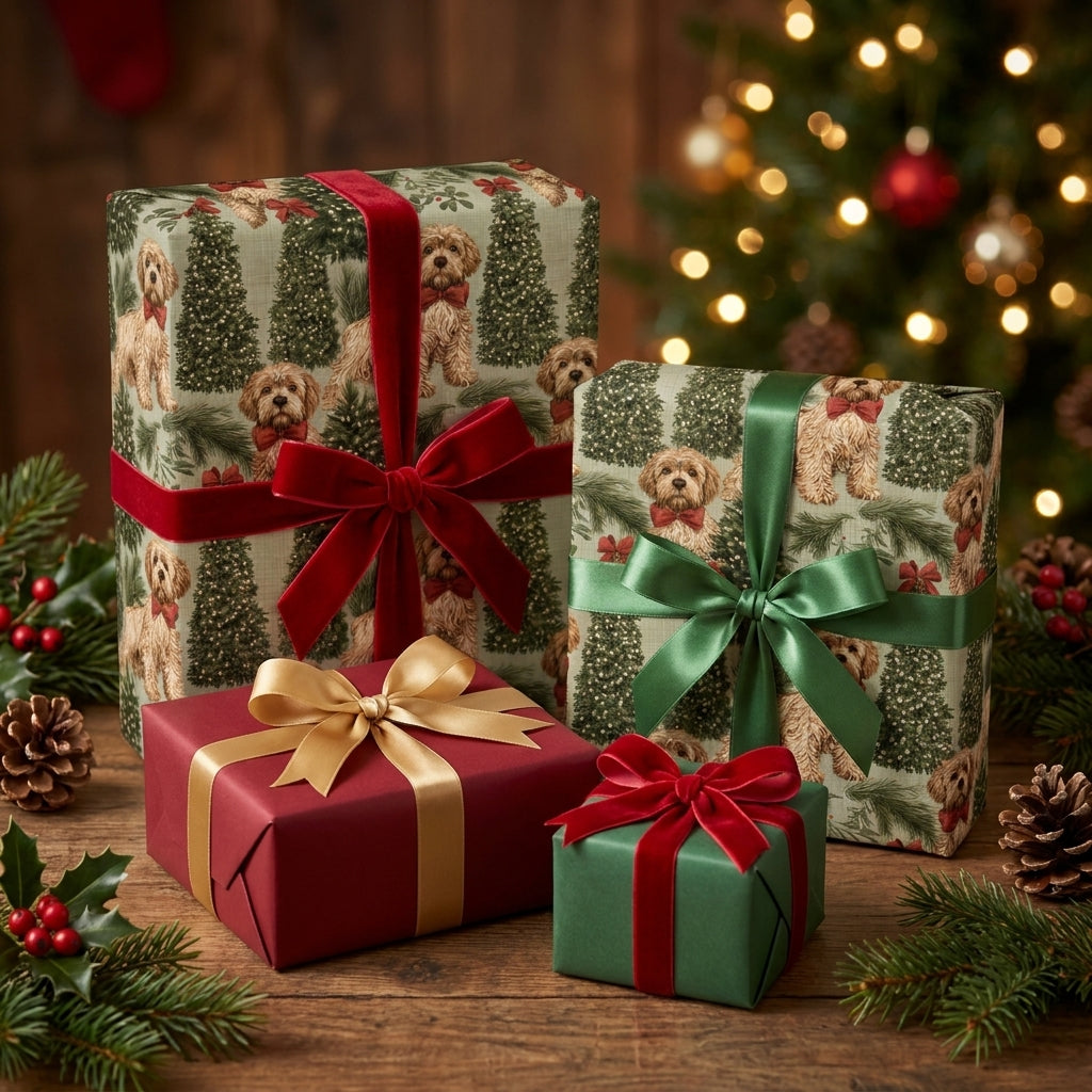 Dog Christmas wrapping paper with cute holiday puppy and tree pattern by Wrapped Studios.