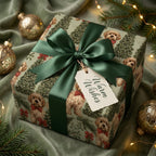 Dog Christmas wrapping paper with a green satin bow on a holiday gift box by Wrapped Studios.
