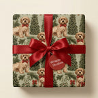 Festive dog Christmas wrapping paper with trees and a red satin bow, by Wrapped Studios.