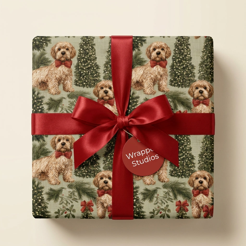 Festive dog Christmas wrapping paper with trees and a red satin bow, by Wrapped Studios.