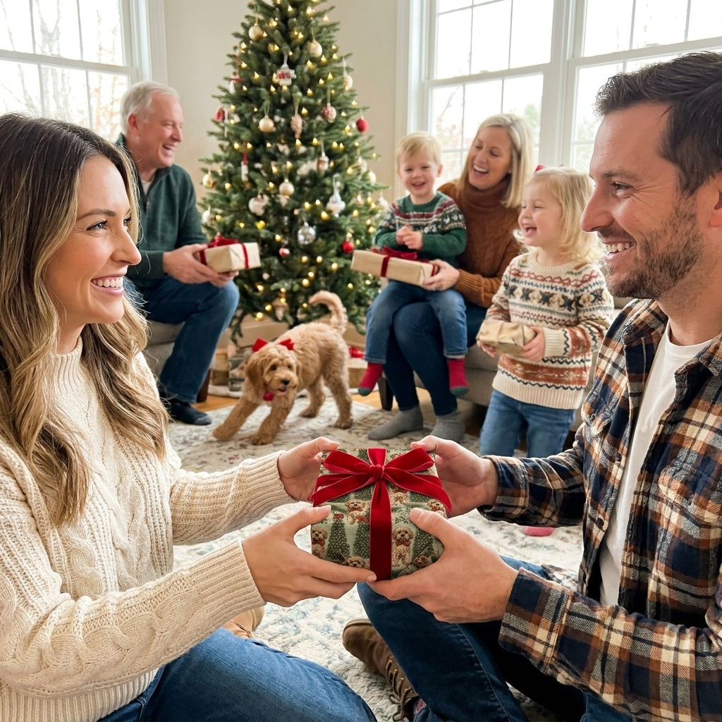 Couple exchanging a gift in dog Christmas wrapping paper with a red velvet bow by Wrapped Studios.