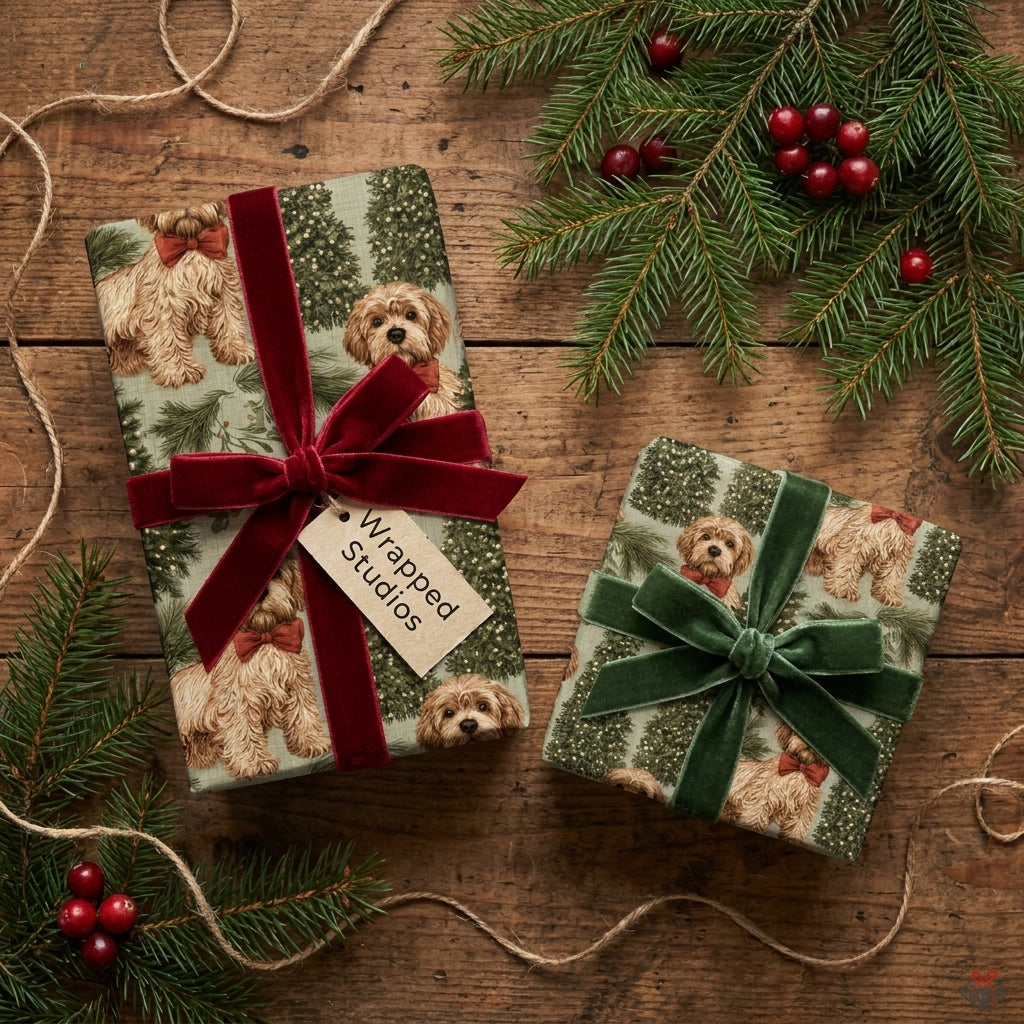 Cute dog Christmas wrapping paper with velvet ribbons on a rustic wood background by Wrapped Studios.