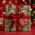 Cockapoo dog Christmas wrapping paper with a red bow on a holiday gift box by Wrapped Studios.