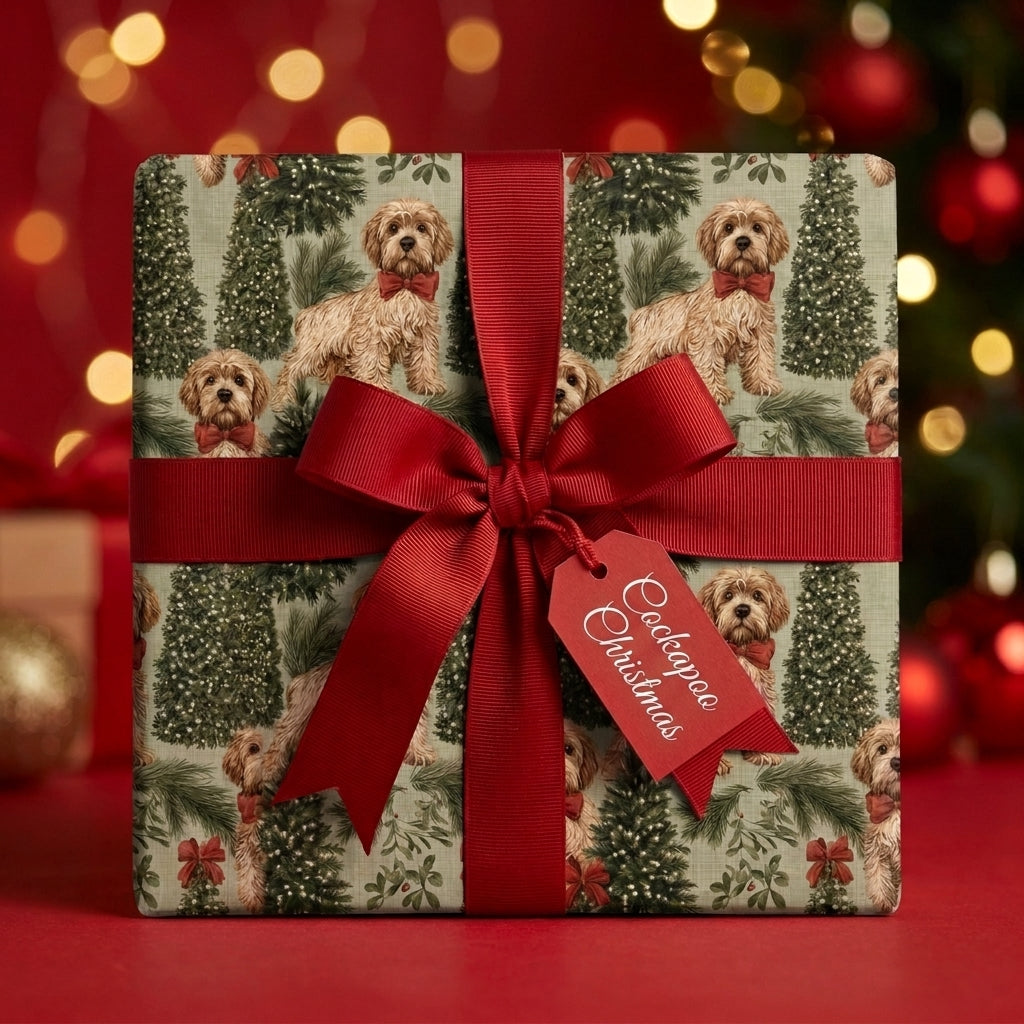 Cockapoo dog Christmas wrapping paper with a red bow on a holiday gift box by Wrapped Studios.