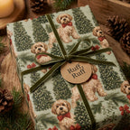 Dog Christmas wrapping paper with cute puppies and green velvet bow, holiday gift wrap by Wrapped Studios.