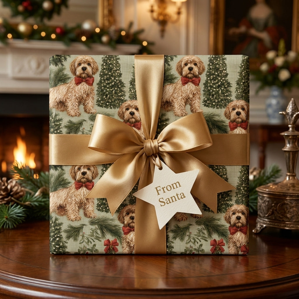 Goldendoodle Christmas wrapping paper with gold ribbon and From Santa tag, by Wrapped Studios.