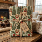 Goldendoodle dog Christmas wrapping paper with rustic twine and Happy Holidays tag by Wrapped Studios.