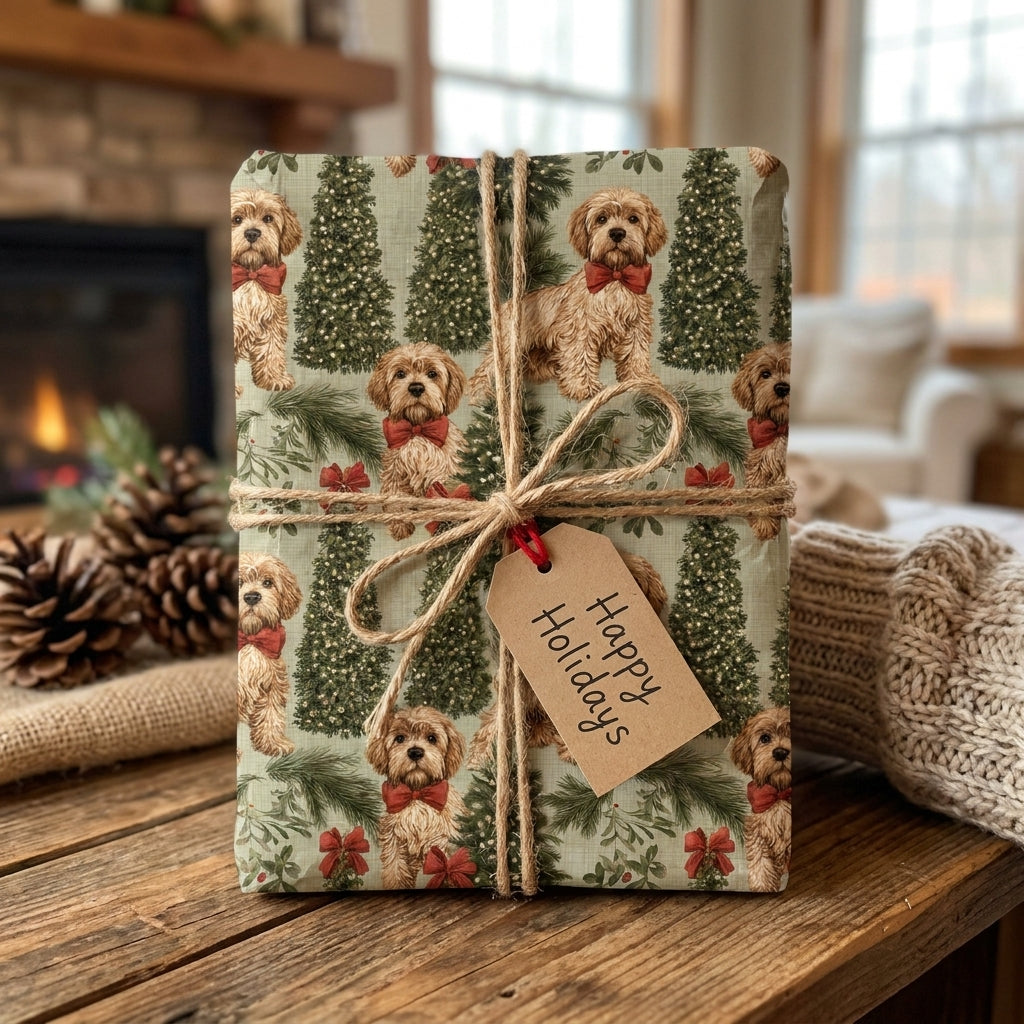Goldendoodle dog Christmas wrapping paper with rustic twine and Happy Holidays tag by Wrapped Studios.
