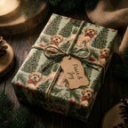 Rustic dog Christmas wrapping paper with cute puppies and pine trees on a holiday gift, by Wrapped Studios.