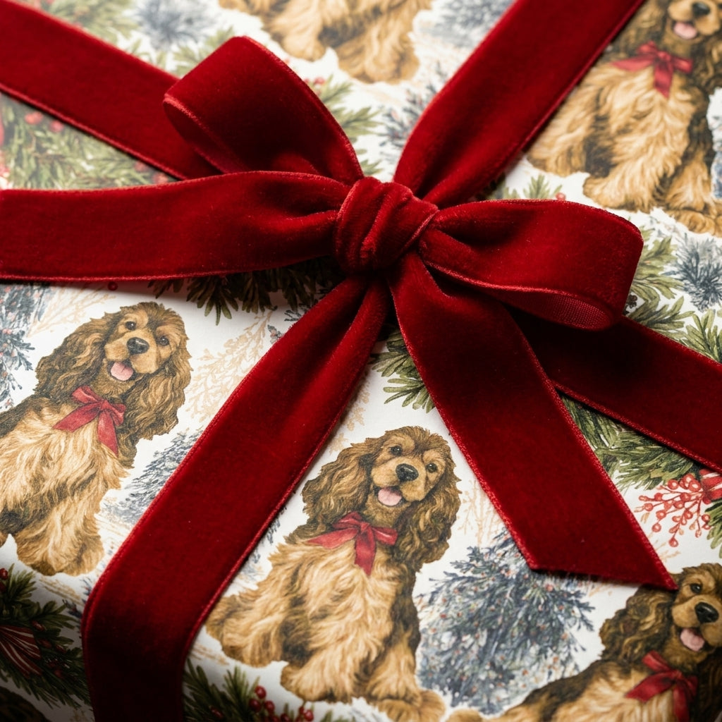 Vintage cocker spaniel dog Christmas wrapping paper with a red velvet bow by Wrapped Studios.