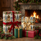 Cocker Spaniel dog Christmas wrapping paper by Wrapped Studios on presents by a cozy fireplace.