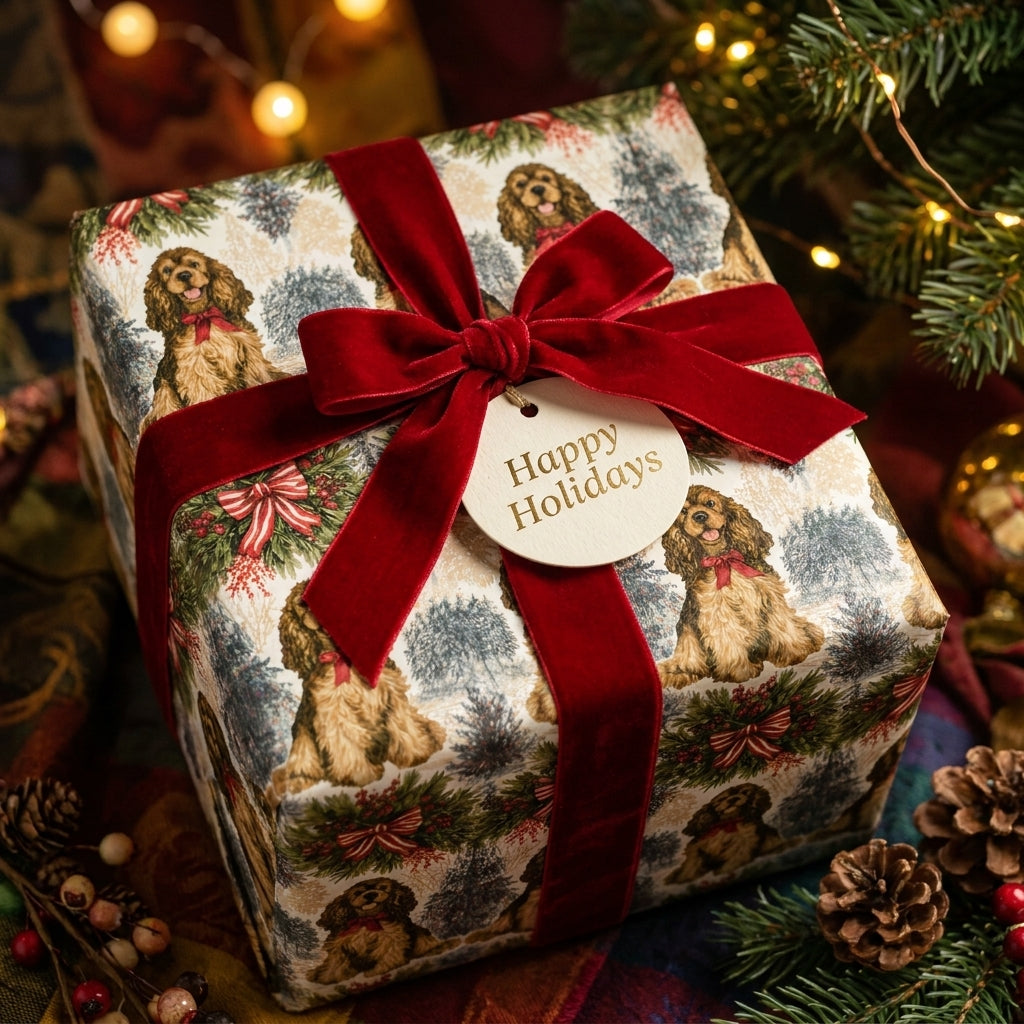 Spaniel dog Christmas wrapping paper with red velvet bow by Wrapped Studios.