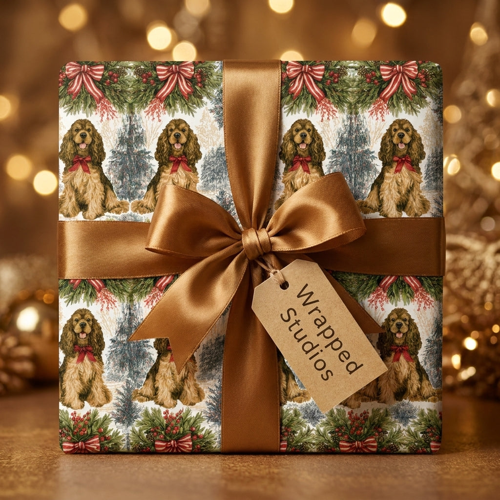 Cocker spaniel dog Christmas gift wrap with a gold satin bow by Wrapped Studios.