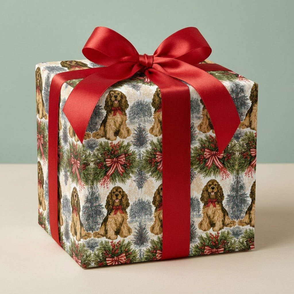 Cocker Spaniel Christmas wrapping paper with a red satin ribbon bow on a gift box, by Wrapped Studios.