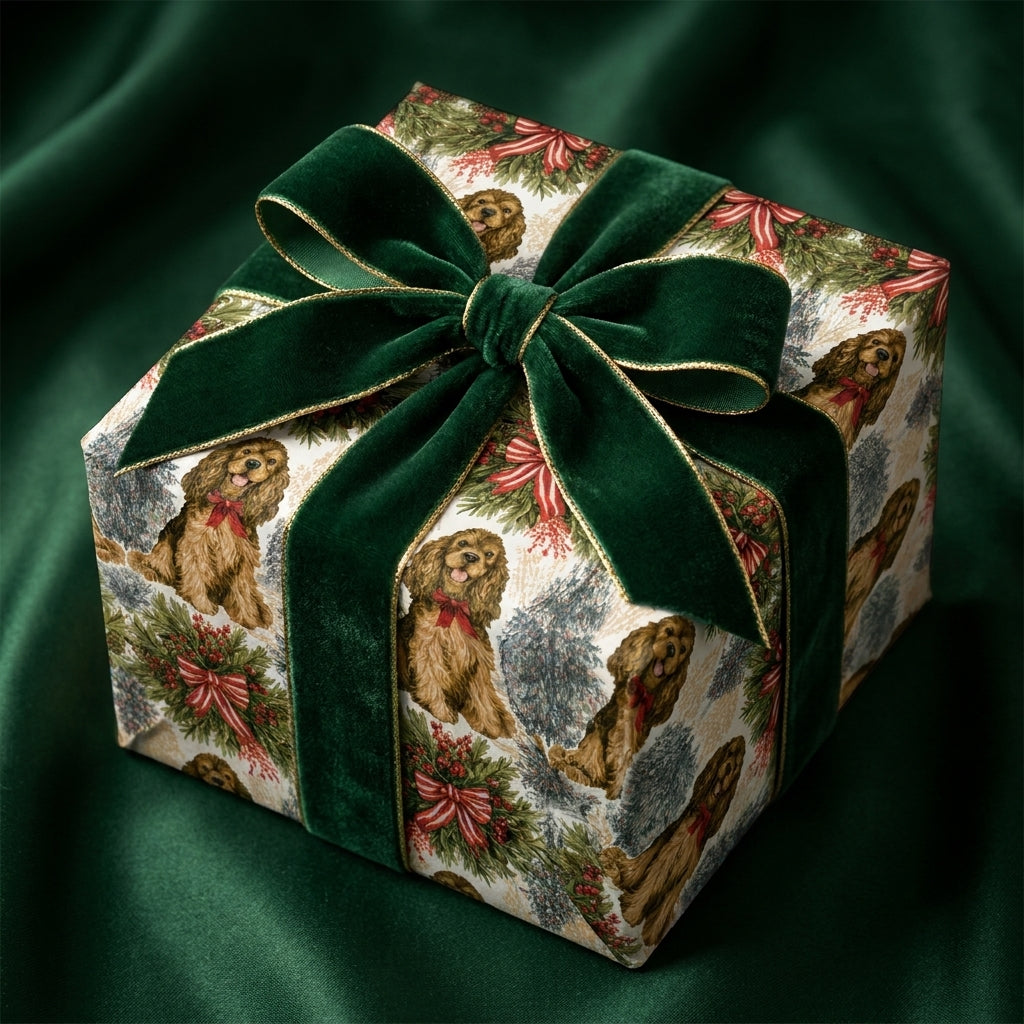 Cocker Spaniel dog Christmas wrapping paper with luxury green velvet bow by Wrapped Studios.