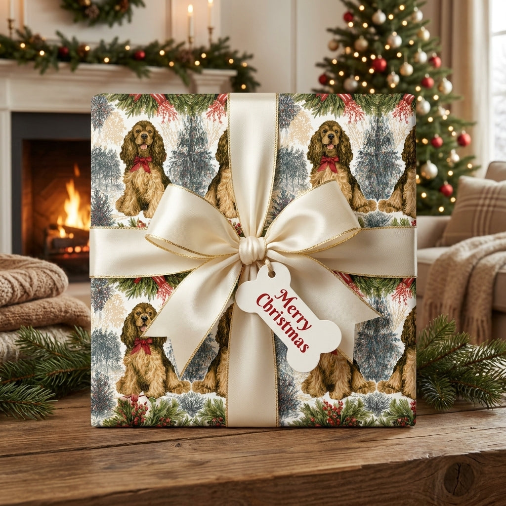 Cocker Spaniel dog Christmas wrapping paper with a luxury cream ribbon by Wrapped Studios.