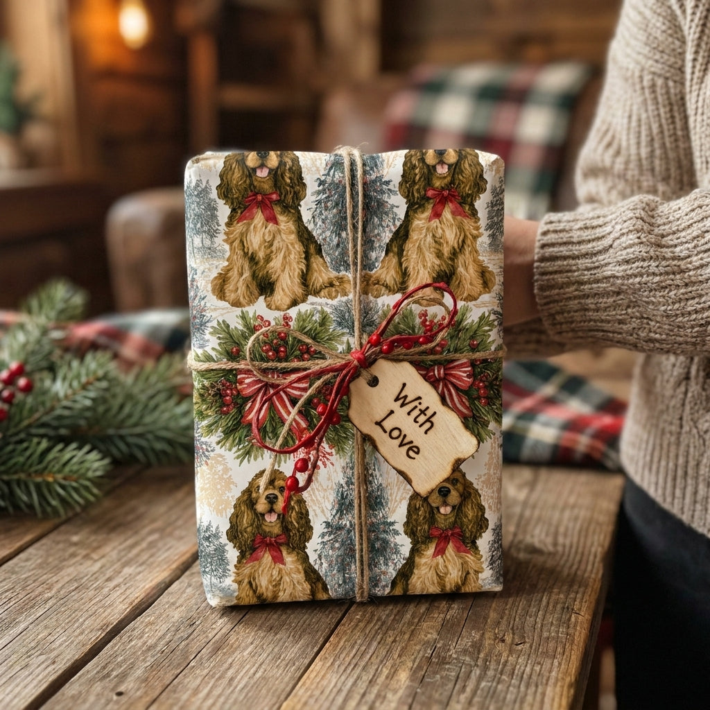 Cocker spaniel dog Christmas wrapping paper on a rustic holiday gift by Wrapped Studios.