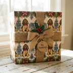 Cocker Spaniel dog Christmas wrapping paper with a rustic burlap bow by Wrapped Studios.