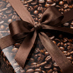 Coffee bean wrapping paper with a brown satin ribbon tied in a bow.