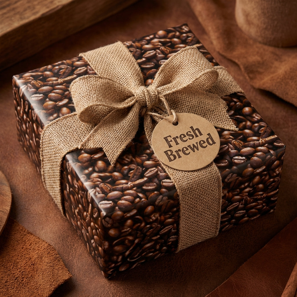 Coffee bean gift wrap, perfect for coffee lovers! Gift is tied with a burlap ribbon and "Fresh Brewed" tag.