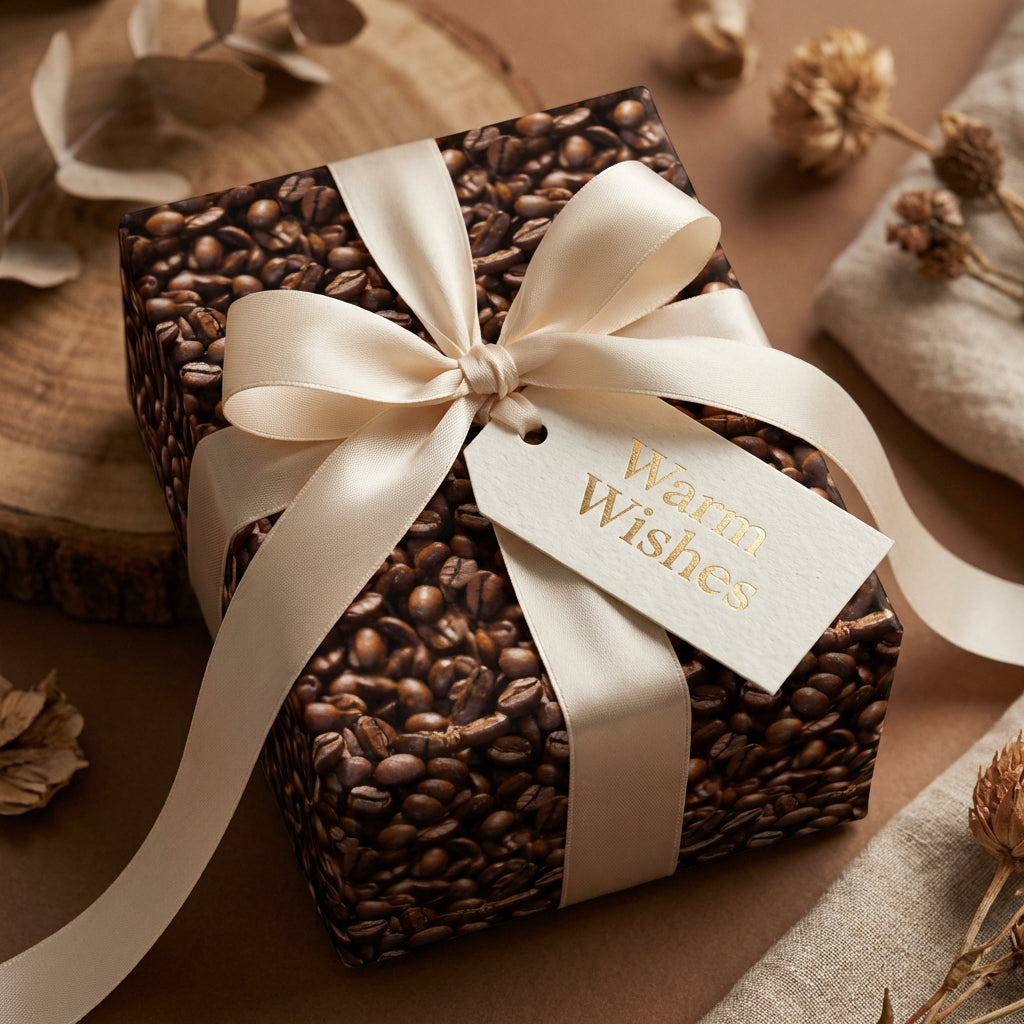 Coffee bean wrapping paper on gift box with cream ribbon and "Warm Wishes" tag.