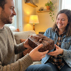 Smiling couple exchanging a gift wrapped in coffee bean wrapping paper with a brown ribbon.