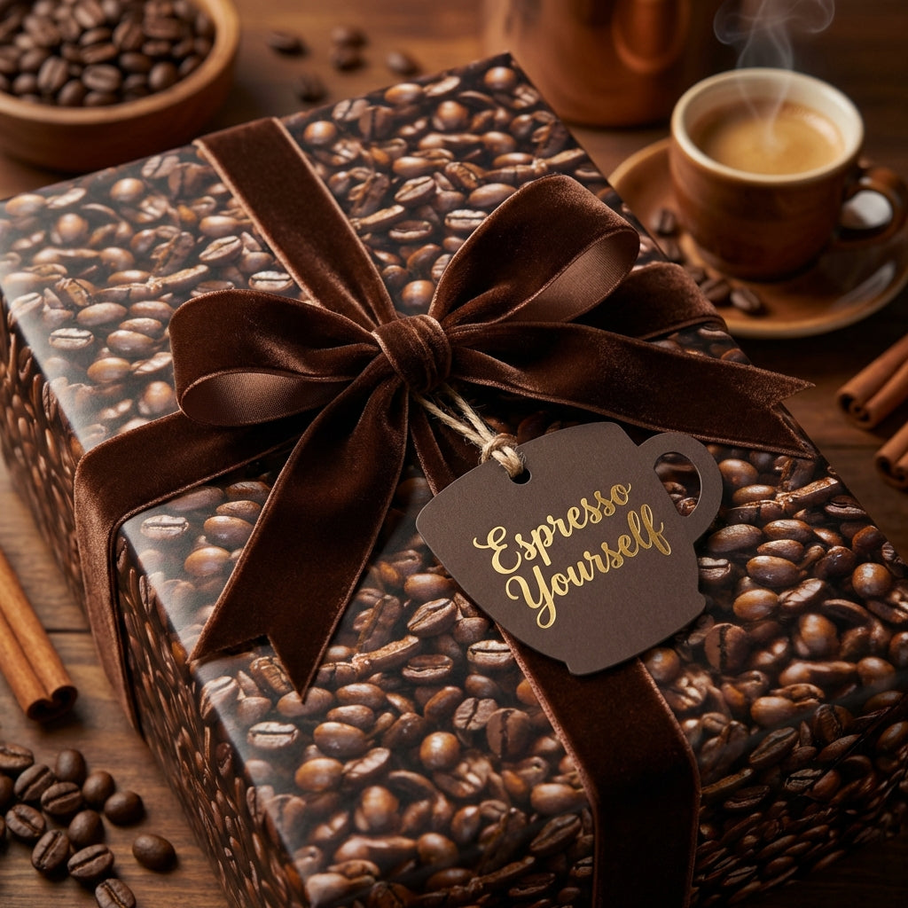 Coffee bean print wrapping paper with brown velvet ribbon, gift tag, coffee cup, and espresso gift idea.