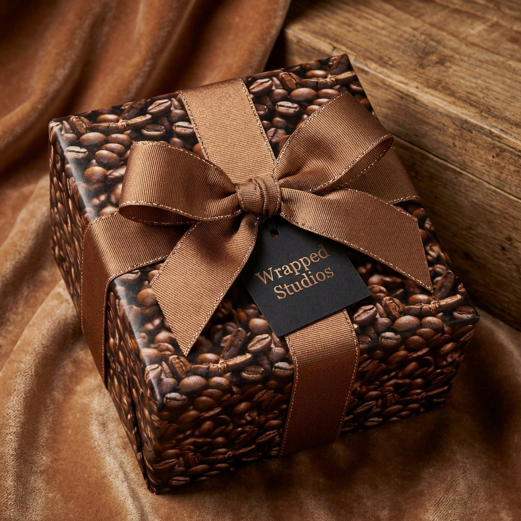 Coffee bean wrapping paper on a square gift box with a brown ribbon and bow.