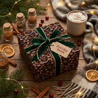 Festive coffee bean wrapping paper with a green velvet ribbon and "Holiday Roast" tag on a rustic wood background.