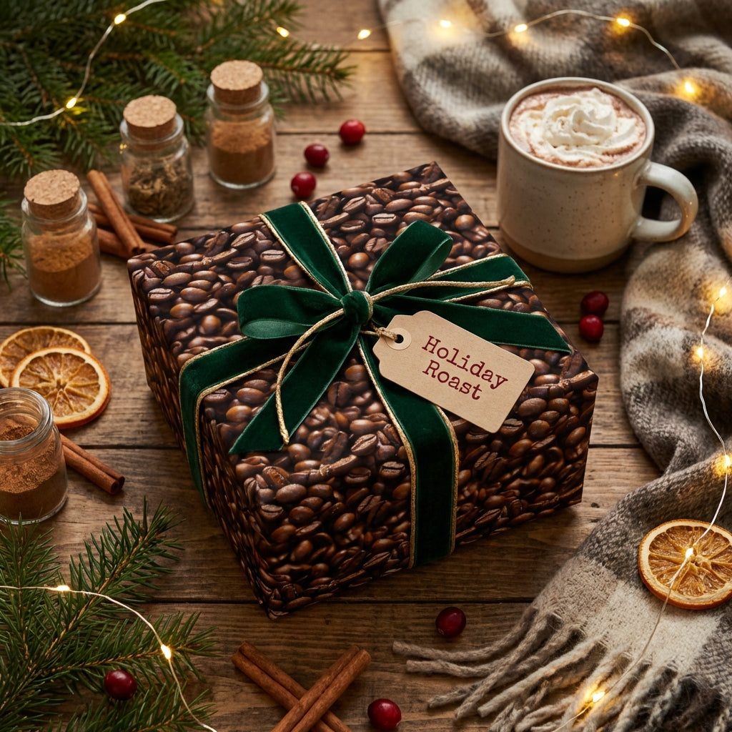 Festive coffee bean wrapping paper with a green velvet ribbon and "Holiday Roast" tag on a rustic wood background.