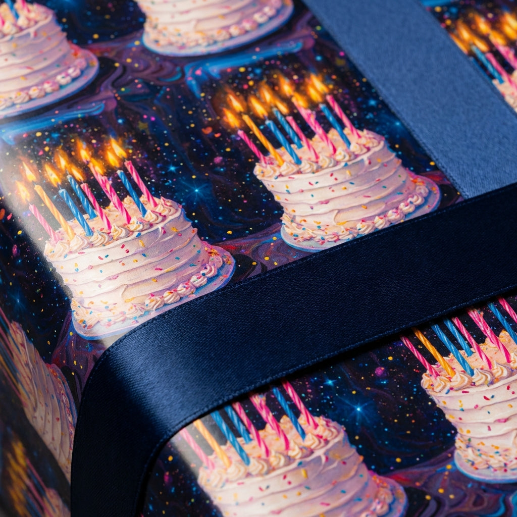 Birthday wrapping paper featuring cake and candle design, tied with a blue ribbon.