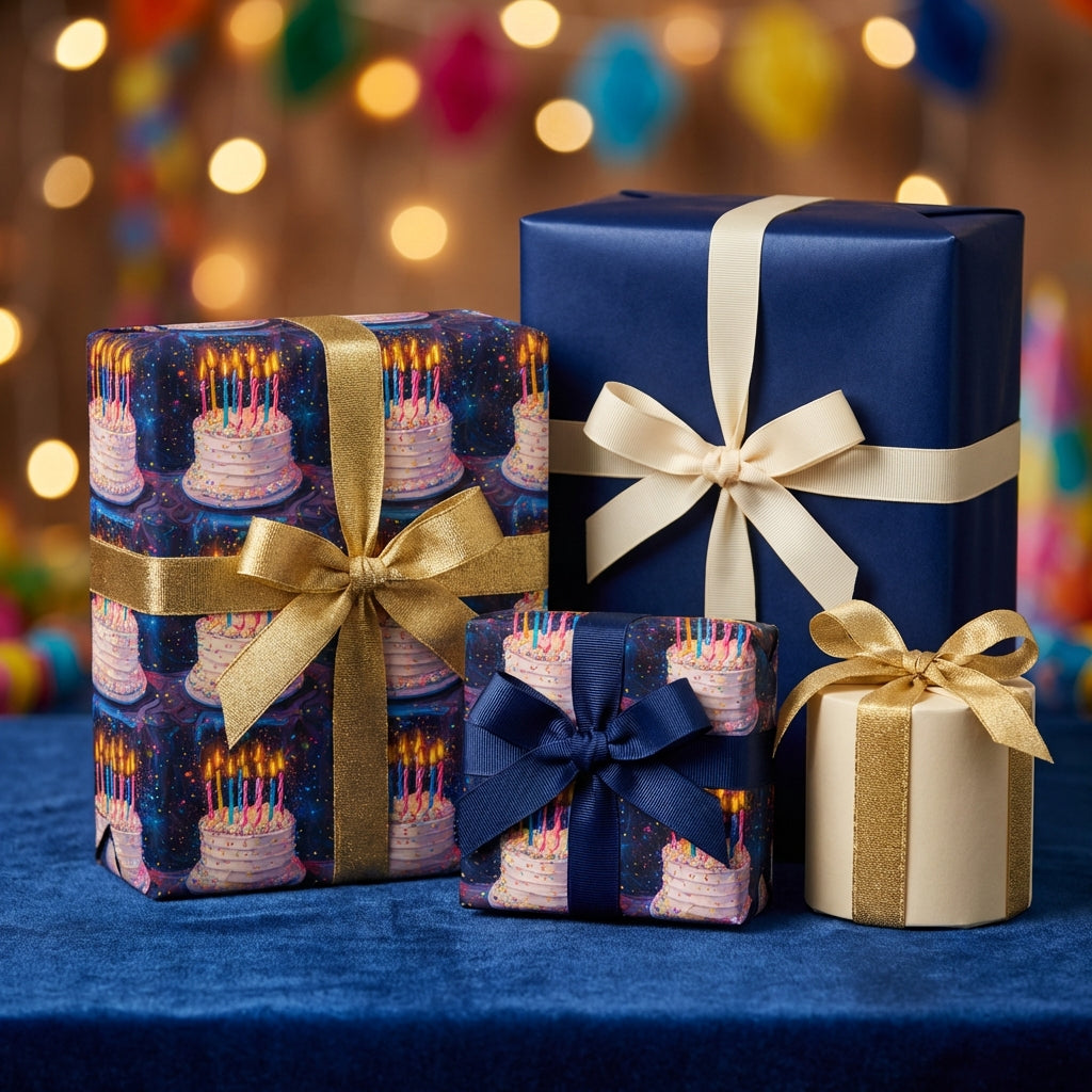 Wrapped birthday gifts with cake-themed wrapping paper, gold ribbon, and solid blue gift wrap against a bokeh background.