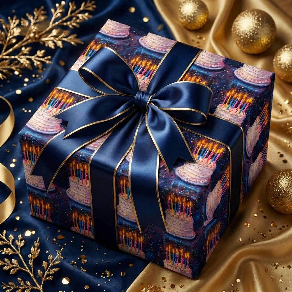 Elegant birthday wrapping paper featuring cake and candle pattern, tied with a navy blue ribbon.