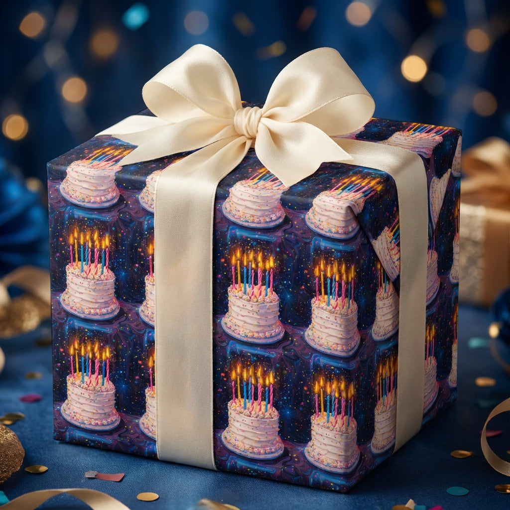 Birthday gift wrapped in cake-patterned wrapping paper with a cream-colored satin bow.