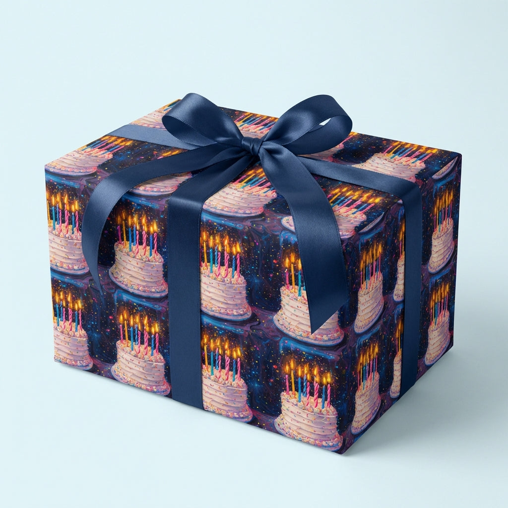 Birthday gift wrapped in cake pattern paper with a navy ribbon and bow.