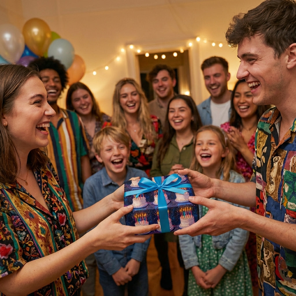 Person giving a birthday gift wrapped in cake print wrapping paper with a blue satin bow.