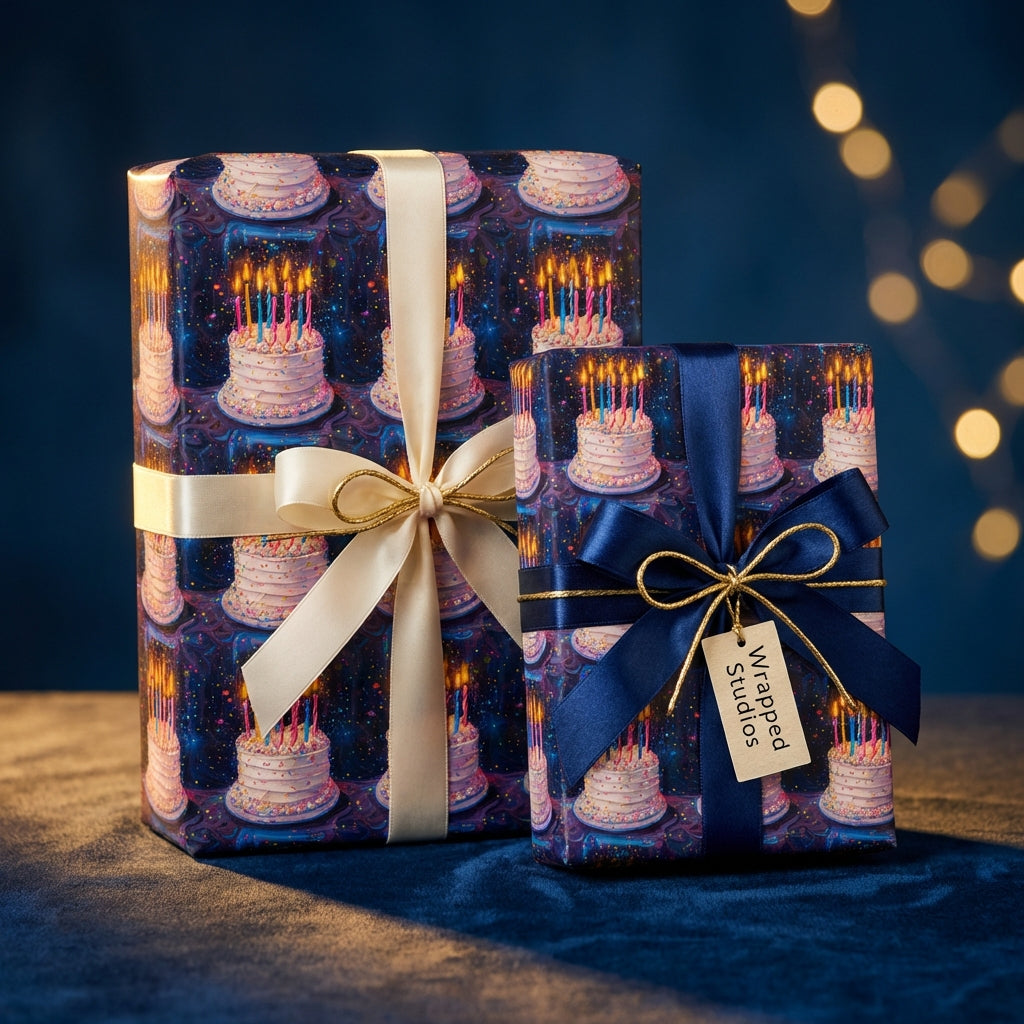 Two gifts wrapped in birthday wrapping paper featuring cake illustrations and tied with satin ribbons.