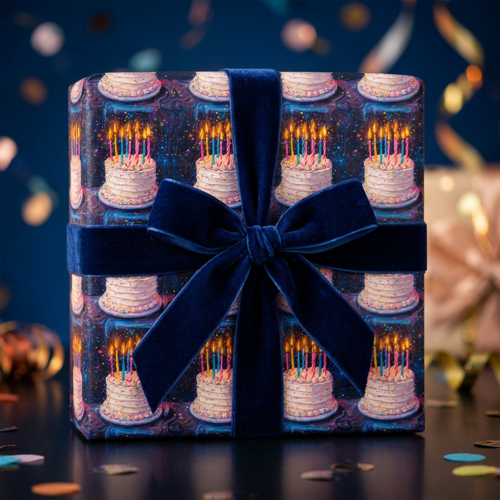 Birthday wrapping paper featuring a cake pattern, tied with a luxurious blue velvet ribbon.