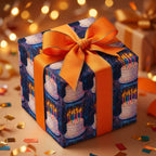 Birthday gift wrapped in cake-patterned wrapping paper with an orange ribbon, bokeh lights background.