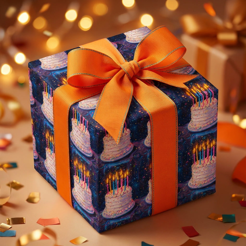 Birthday gift wrapped in cake-patterned wrapping paper with an orange ribbon, bokeh lights background.