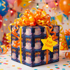 Gift wrapped in birthday cake print wrapping paper with bright ribbon, confetti, and balloons.