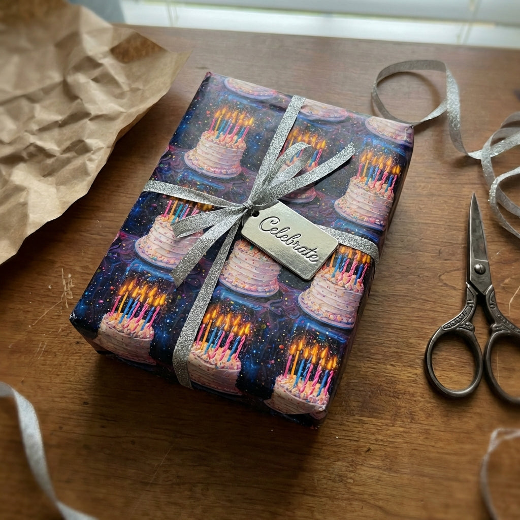 Birthday wrapping paper featuring cake and candles, tied with a silver ribbon and "Celebrate" tag.