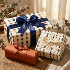 Gifts wrapped in beetle-print wrapping paper, tied with blue, beige, and rust-colored ribbons, on a wooden table.